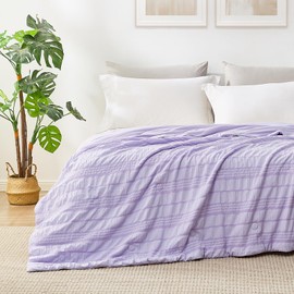 Cozy Bliss Seersucker Cooling Comforter Full Size, Q-Max 0.5 Reversible Lightweight Cooling Blanket, Breathable Silk Smooth Summer Bedding Quilt for Hot Sleepers Night Sweats Purple