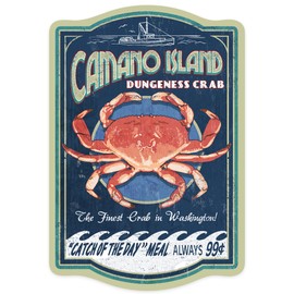 Die Cut Sticker Camano Island, Washington, Dungeness Crab Vintage Sign, Contour Vinyl Sticker 1 to 3 inches (Waterproof Decal for Cars, Water Bottles, Laptops, Coolers), Small