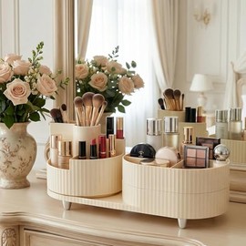 Organizador de Maquillaje, Porta Brochas de Maquillaje Giratorio 360°, Organizador Multifuncional de Cosmeticos de 2 Capas, Antideslizante E Impermeab