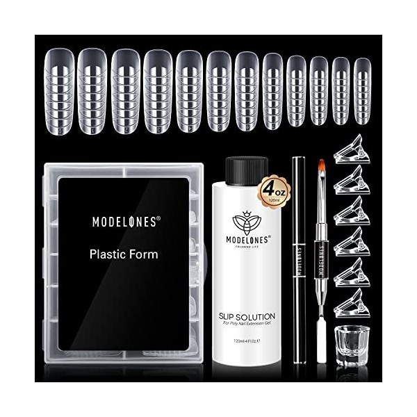 Modelones Slip Solution Kit for Poly Nail Gel, 4oz Anti-Stick Gel Solution Liquid Poly Extension Gel All in One Kit with 120pcs Dual Nail Forms Nail Brush Nail Tips Clips Crystal Cup Nail Extension Manicure Tool Nail Art Design Salon DIY at Home