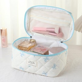 AMZMA Makeup Bag, 3 PCS Quilted Makeup Bag, Cute Floral Cotton Cosmetic Bag set, Coquette Makeup Pouch Large Travel Toiletry Bag, Bow2-Blue