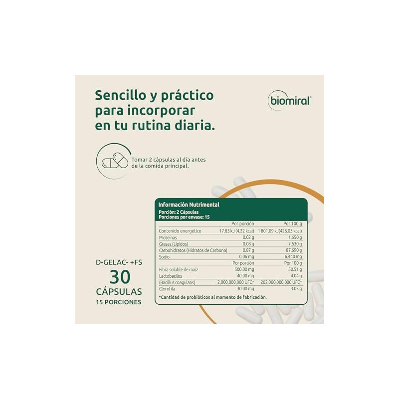 Biomiral Gelac Suplementos Alimenticios Probióticos Prebióticos Clorofila Fibra Lactobacilos Cápsulas