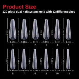 120 Pieces Clear Dual Nail System Shape Mould Acrylic Stiletto Nail Extension Tips Nail Art Manicure Tools 12 Sizes with Scale