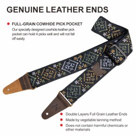 Nefelibata Guitar Strap with Pick Pocket, Head Cowhide Leather Ends Guitar Straps for Bass, Electric & Acoustic Guitar, Come with Free Strap Button, 1 Pair Strap Locks and 4 Guitar Picks