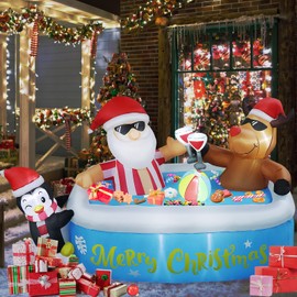 7FT Christmas Inflatable Outdoor Decoration, Christmas Inflatables Santa Claus Cheers Pool Party with Built-in 8 LED Lights & Air Blower for Christmas Blow Up Yard Decorations Outdoor Indoor