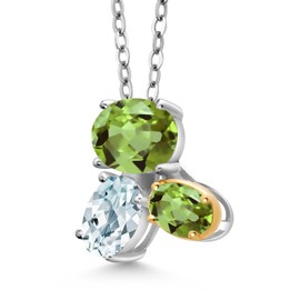 Gem Stone King 925 Silver and 10K Yellow Gold Green Peridot and Sky Blue Aquamarine Pendant Necklace For Women (2.67 Cttw, Oval 8X6MM, 7X5MM and 6X4MM, Gemstone August Birthstone, with 18 Inch Chain)