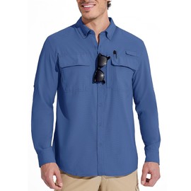 MAGCOMSEN Mens Long Sleeve Button Down Shirts UV Sun Protection Quick Dry Fishing Shirts Button Up Work Hiking Camping Shirts Blue Grey S