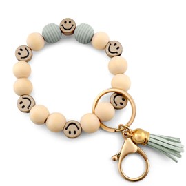 MyfavoriteK Tassel Smiley Keychain Bracelet for Women Wooden Happy Faces Beaded Key Ring Wristlet Key Chain for Car Keys (Grey)