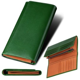 Fabrizio Men's Women's Long Wallet, Bifold Wallet, Gusset, Coin Purse, Thin, Large Capacity, 21 Cards, Easy to Use, Italian Leather, Made by Top Leather Craftsmen, Genuine Leather, YKK Zipper, green