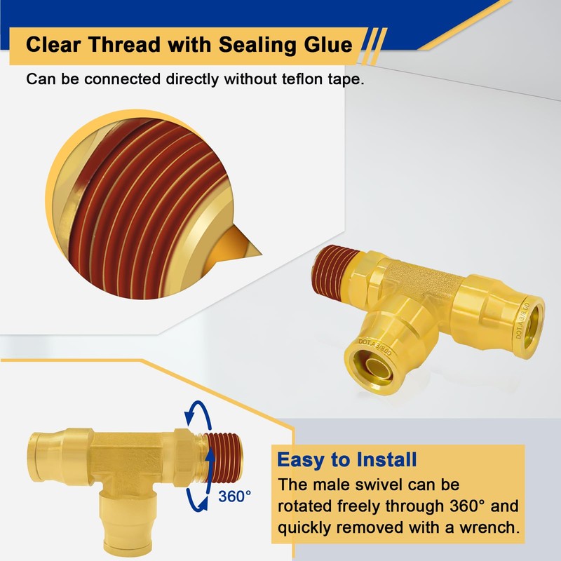 Daptemn DOT Brass Air Line Fittings, 3PCS 3/8" OD Tube