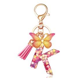 JINGUAZI Initial letter Keychains for Women Tassel Butterfly Pink Purple Cute Car Keychain for Wallet Backpack bag charm, K-pink, Keychains
