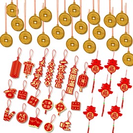 Dooooki 44pcs Chinese Ornaments Pendant with Strings Red Hanging Lucky Character Pendants Lucky Copper Coins Chinese Spring with FU 2025