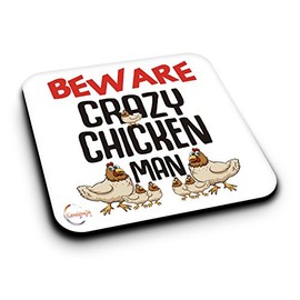 ER488 Beware Crazy Chicken Man (B) Novelty Present Gift Printed MDF Wooden Coaster