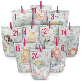 Papierdrachen Extravagant Advent Calendar for Filling with 24 Turquoise Gift Bags and 24 Number Stickers, Mermaid Motif for Crafts and Gift-Giving for Christmas and Advent