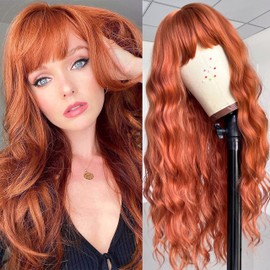 Fugady Copper Red Wigs with Bangs Ginger Wig with Bangs Loose Wave Wigs for White Women Heat Resisant Daily Cosplay Wig (Synthetic 24 Inches)