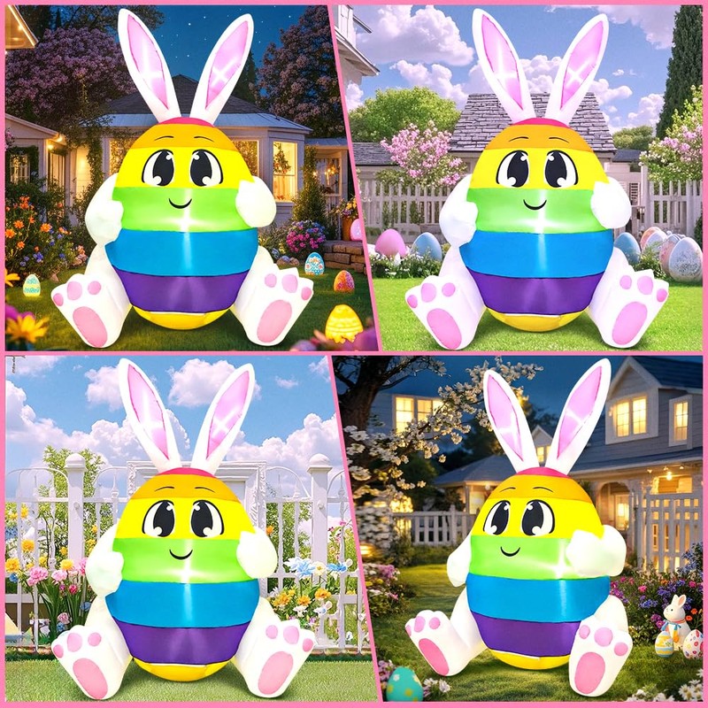 5FT Easter Inflatables Outdoor Decoration Colorful Egg with Bunny Ears,