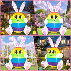 5FT Easter Inflatables Outdoor Decoration Colorful Egg with Bunny Ears, Built in LED Lights Blow Up Yard Decoration for Lawn Garden Holiday Party