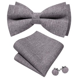 YOHOWA Grey Bow Ties for Men Cotton Linen Pre-tied Bow Tie Set with Handkerchief Cufflinks Party Wedding Prom