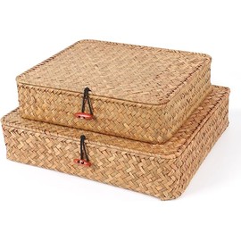 Flat Wicker Shelf Baskets with Lid, Seagrass Woven Basket Boxes for Storage Basket Bins Multipurpose Home Decor Organizer (Natural Set of 2)