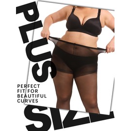 HONENNA 2 Pairs Plus Size Sheer Tights, 20D Ultra Thin High Waist Pantyhose for Women with Reinforced Toes, Black 2 Pairs 1XL-2XL