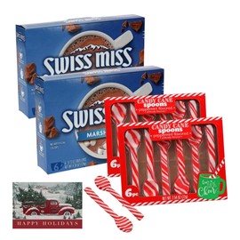 Hot Cocoa Mix with Marshmallow & Peppermint Candy Cane Spoons | (12 Envelopes and 12 Spoons, Swiss Marshmallow Mix)