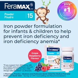 FeraMAX Pd Powder 15 - Oral Iron Powder Supplement for Children - Maintain Iron Levels, Boost Energy and RBC Production Helps Prevent Iron Deficiency and Iron Deficiency Anemia - No Staining Effect on Teeth and Pleasant Grape and Raspberry Flavor - 83g 120 Doses