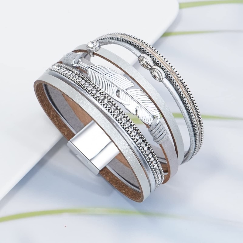 Gleamart Silver Boho Leather Bracelet Multilayer Wrap Bangle with Magnetic