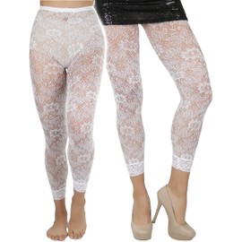 ToBeInStyle Women's Single Floral Lace Nylon Blend Leggings with Lace Trim Bottom - White - One Size Fits Most