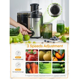 Juicer Machines, 600W Centrifugal Juicer with Wide Mouth 3” Feed Chute for Whole Vegetable and Fruit with 3-Speed Setting, Easy to Clean, BPA Free, High Yield Juice, Juice Recipe Included