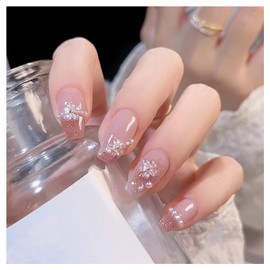 Domiya Nail Tip, Ballet, Short Nail Tip, Very Short, Popular, Nail Stickers, Cute, 3D Nails, 24 Pieces, Round Tip, Fashion, Wedding Nail Tip, Bride Nail (A32)