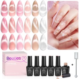 Beetles Cat Eye Gel Nail Polish,6 Colors Glitter Pink Nail Polish Beige Clear Sliver Pastel Velvet Magnetic Gel Nail Polish Natural Summer Nail Polish Art Manicure Salon DIY Home