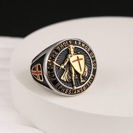 HZMAN Knights Templar Ring for Men Ephesians 6:13-17 Red Cross Design Men's Stainless Steel Ring Jewelry Gift (Silver Gold,14)