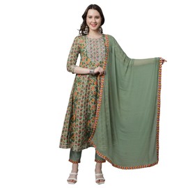 Rajnandini Women's Pure Cotton Embroidered Kurta Set With Dupatta (JOPLVL310-XXL_Pista Green_XXL)