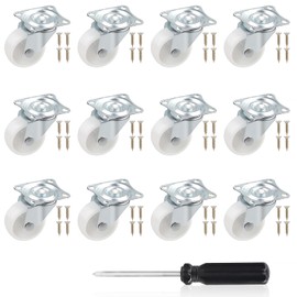 DBREAKS Swivel Castors Set Diameter 38 mm, 12 Pieces Castors for Furniture, Furniture Castors without Brake, 360° Rotatable Wheels, Industrial Castors, White, with 1 Screwdriver and 48 Screws, Height