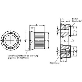 Rotary knob with scale (S), diameter 22 mm, B5, with pressure screw M4