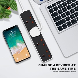 EXTRASTAR 4 Way Extension Lead in Black and White, 5M Extension Cord 13A UK Plug Max 3120W, Socket Extension Power Strip for Home Office School