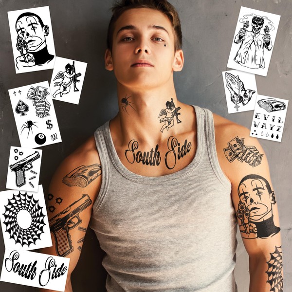 FashionTats Prisoner Gangster Cholo Costume Temporary Tattoos | Halloween Costume Tattoos | Cosplay Kits | Skin-Safe | MADE IN USA | Removable