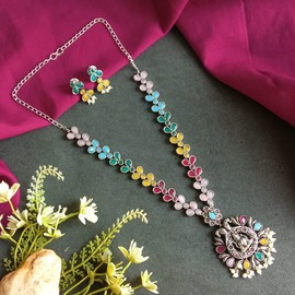 Efulgenz Indian Oxidized Jewelry Antique Boho Religious Pendant Oxidized Multicolor Indian Jewelry Crystal Necklace Sets Faux Pearl Drop Dangle Earrings Bohemian Statement Jewelry Set for Women,