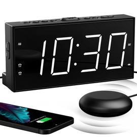 Mesqool Loud Vibration Alarm Clock with Bed Shaker for Deaf Heavy Sleepers, Double Alarm, USB Charger, Large Display, Snooze, Easy to Set, Summer Time 12/24 H, Dimmer