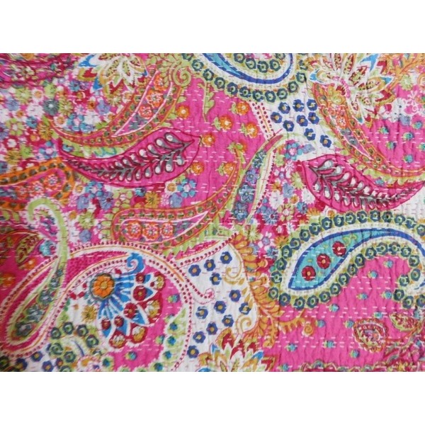 Sophia-Art King/Twin Size Indian Handmade Paisley Print Kantha Quilt Cotton Kantha Blanket Bed Cover Sofa Cover Kantha Bedspread Bohemian Bedding (Pink1, King 90x108 Inches)