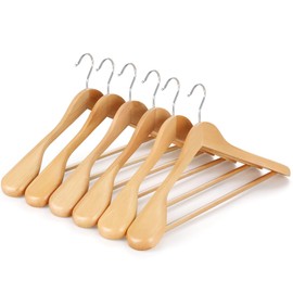 TOPIA HANGER Wide Shoulder Wooden Hangers, Suit Hangers with Non Slip Pants Bar & 360° Swivel Hook, Solid Wood Heavy Duty Coat Hanger, 6 Pack (Natural)-CT02NA
