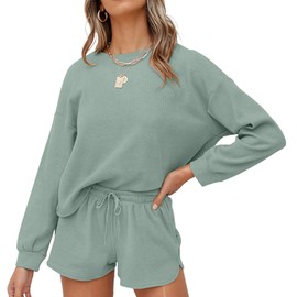 wkwmrpet Women's Waffle Knit Long Sleeve Top and Shorts Pullover Nightwear Lounge Pajama Set with Pockets