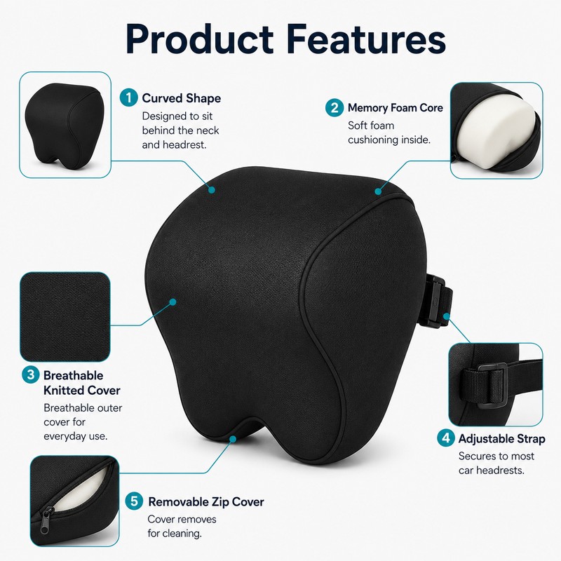 Memory Foam Car Neck Pillow with Adjustable Headrest Strap, Removable