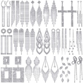 Sasylvia 20 Pairs Rhinestone Earrings Dangling Bulk for Women Chandelier Earrings Birthday Christmas Gift Silver Long Tassel Earrings Crystal Rectangle Drop Earrings for Bride Prom Party