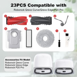 iRobacc 23 Pcs Replacement for Roborock Qrevo Curve/Qrevo Edge/P20 Pro, 2 Roller Brushes 4 Side Brushes 5 Dust Bags 4 HEPA Filters 6 Mops 1 Cleaning Brush 1 Screwdriver