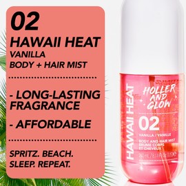 Holler & Glow Hawaii Heat Body & Hair Mist, Warm Vanilla, Peony & Amber Scent, Long-Lasting Daily Fragrance, Lightweight, Vegan, Cruelty-Free, Alcohol-Free, Hydrating Hair Perfume, 8.11 Fl Oz