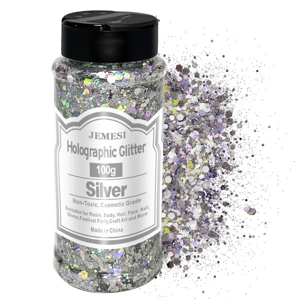 Holographic Chunky Glitter, Silver 100 g Chunky Sequins Glitter, Craft Glitter for Resin, Face, Nail, Body, Slime, Festival Party Art