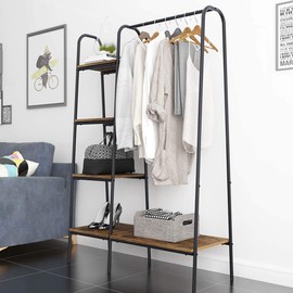DlandHome Free-Standing Garment Clothing Racks, Home Metal Clothing Rack with 4-Tier Storage Shelves and Hanging Rod Closet Storage Organizer Clothing Rack for Bedroom Living Room Entryway