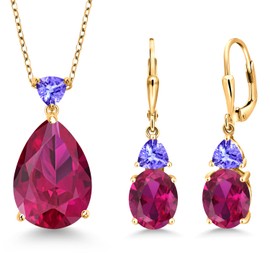 Gem Stone King 18K Yellow Gold Plated Silver Red Created Ruby and Blue Tanzanite Pendant Earrings Jewelry Set For Women (20.20 Cttw, Pear Shape 18X13MM, with 18 Inch Chain)