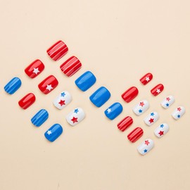 Independence Day Press on Nails Short Square Fake Nails with Star Designs Red Blue Stick on Nails White Lines Acrylic Nails Patriotic Full Cover 4th of July False Nails for Women Girls Manicure 24Pcs